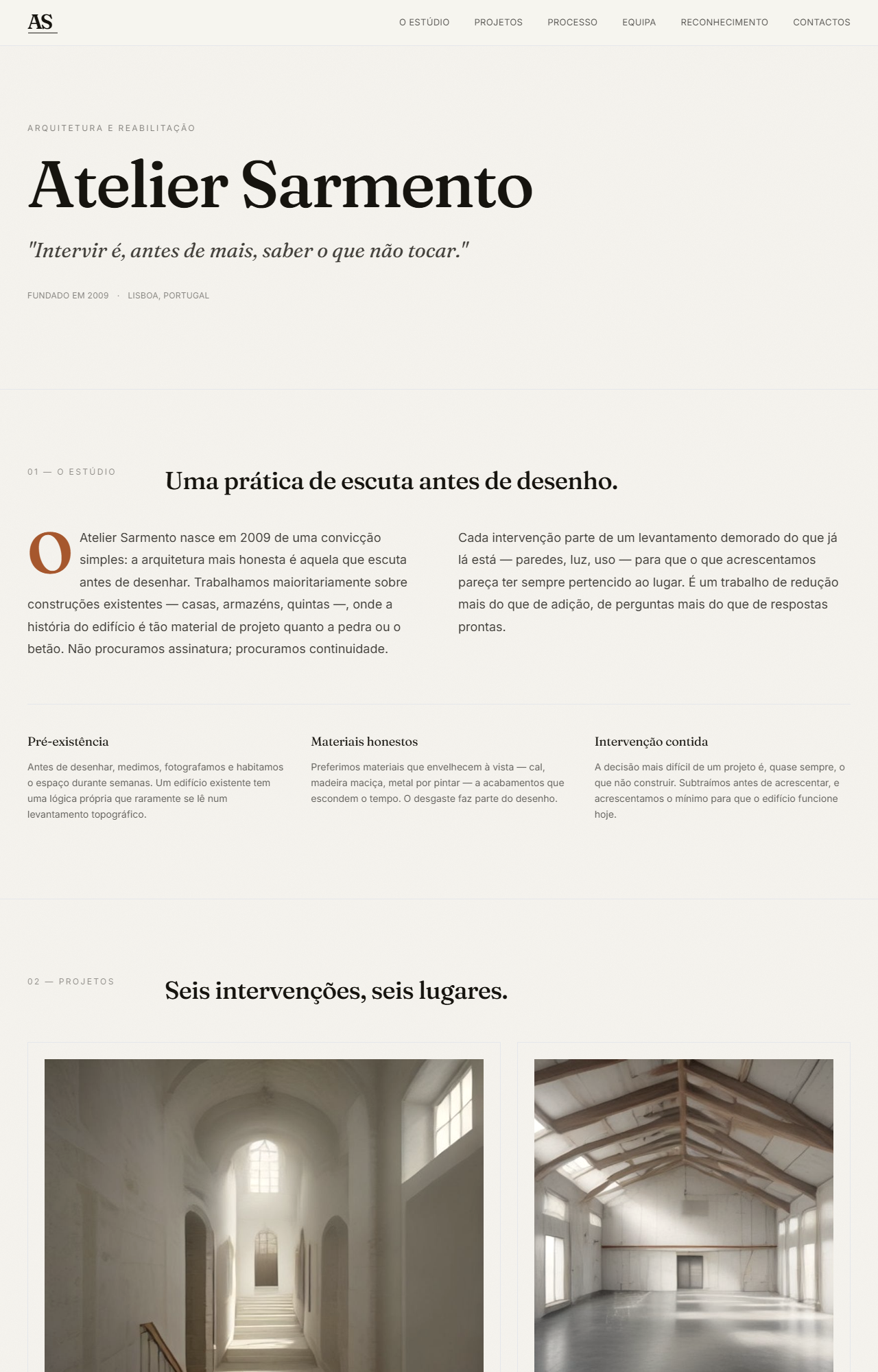 Página inicial do site Atelier Sarmento